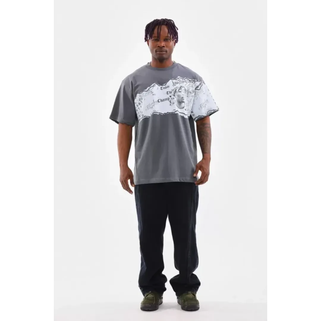 Unisex Bisiklet Yaka Baskılı Oversize T-Shirt - Gri - 103366 Unisex Bisiklet Yaka Baskılı Oversize T-Shirt - Gri - 103366