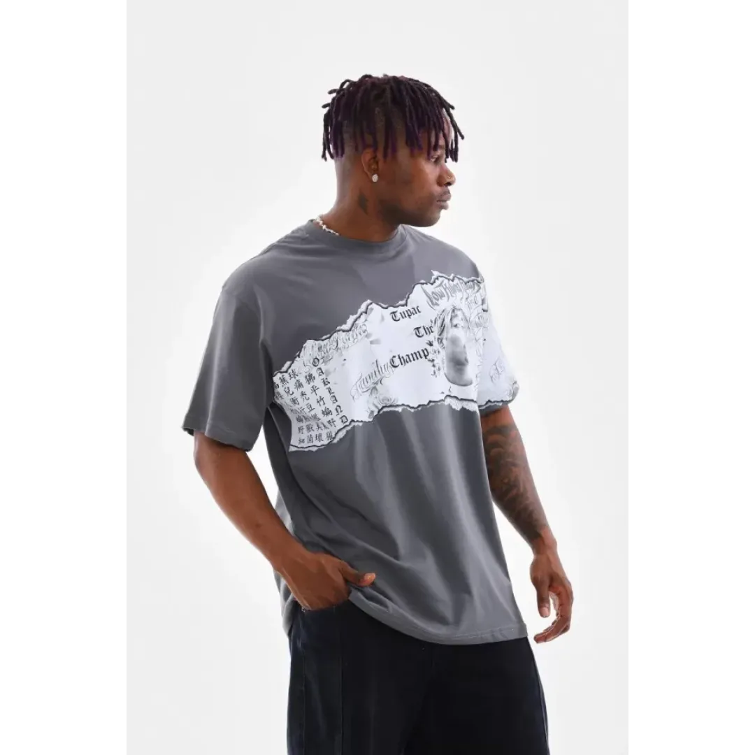 Unisex Bisiklet Yaka Baskılı Oversize T-Shirt - Gri - 103366 Unisex Bisiklet Yaka Baskılı Oversize T-Shirt - Gri - 103366
