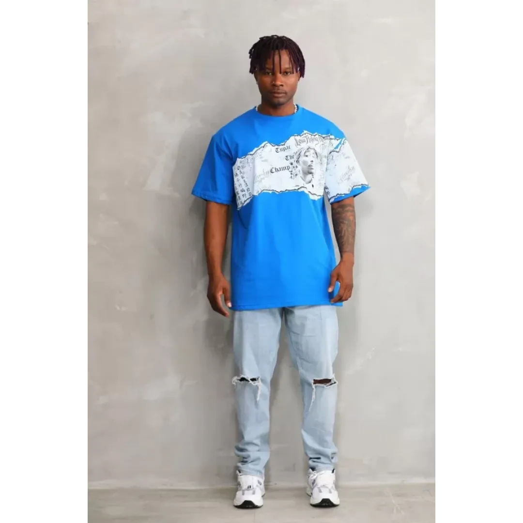 Unisex Bisiklet Yaka Baskılı Oversize T-Shirt - Mavi - 103367 Unisex Bisiklet Yaka Baskılı Oversize T-Shirt - Mavi - 103367