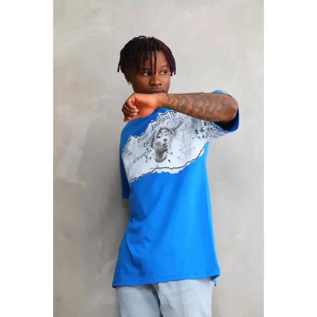 Unisex Bisiklet Yaka Baskılı Oversize T-Shirt - Mavi - 103367 Unisex Bisiklet Yaka Baskılı Oversize T-Shirt - Mavi - 103367
