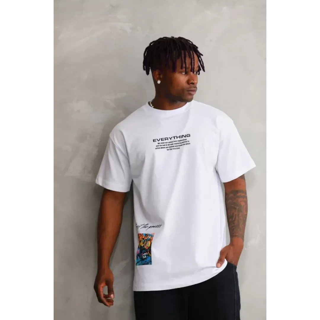 Unisex Bisiklet Yaka Baskılı Oversize T-Shirt - Beyaz - 103369 Unisex Bisiklet Yaka Baskılı Oversize T-Shirt - Beyaz - 103369