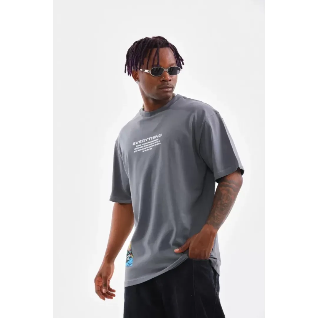 Unisex Bisiklet Yaka Baskılı Oversize T-Shirt - Gri - 103370 Unisex Bisiklet Yaka Baskılı Oversize T-Shirt - Gri - 103370