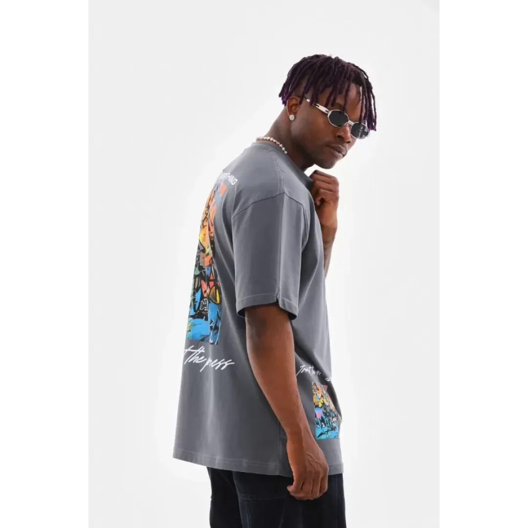 Unisex Bisiklet Yaka Baskılı Oversize T-Shirt - Gri - 103370 Unisex Bisiklet Yaka Baskılı Oversize T-Shirt - Gri - 103370