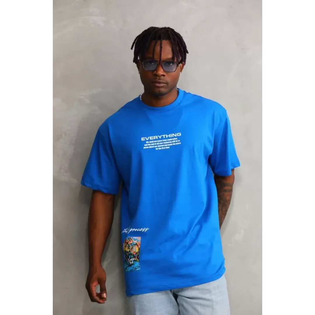 Unisex Bisiklet Yaka Baskılı Oversize T-Shirt - Mavi - 103371 Unisex Bisiklet Yaka Baskılı Oversize T-Shirt - Mavi - 103371
