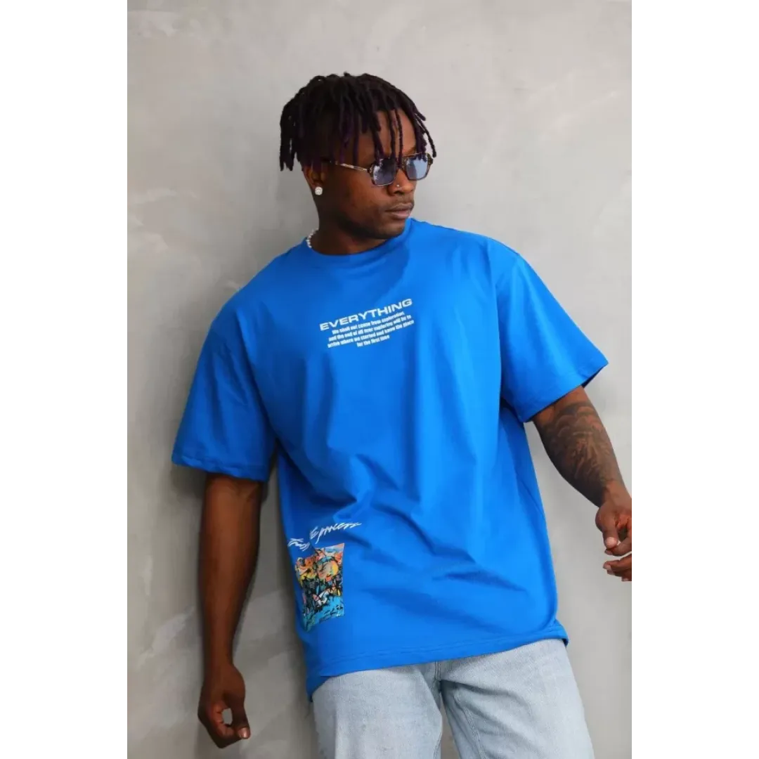 Unisex Bisiklet Yaka Baskılı Oversize T-Shirt - Mavi - 103371 Unisex Bisiklet Yaka Baskılı Oversize T-Shirt - Mavi - 103371