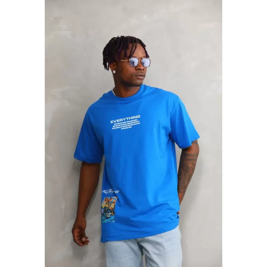 Unisex Bisiklet Yaka Baskılı Oversize T-Shirt - Mavi - 103371 Unisex Bisiklet Yaka Baskılı Oversize T-Shirt - Mavi - 103371
