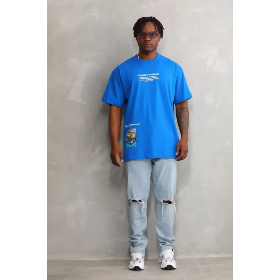 Unisex Bisiklet Yaka Baskılı Oversize T-Shirt - Mavi - 103371 Unisex Bisiklet Yaka Baskılı Oversize T-Shirt - Mavi - 103371