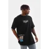 Unisex Bisiklet Yaka Baskılı Oversize T-Shirt - Siyah - 103372