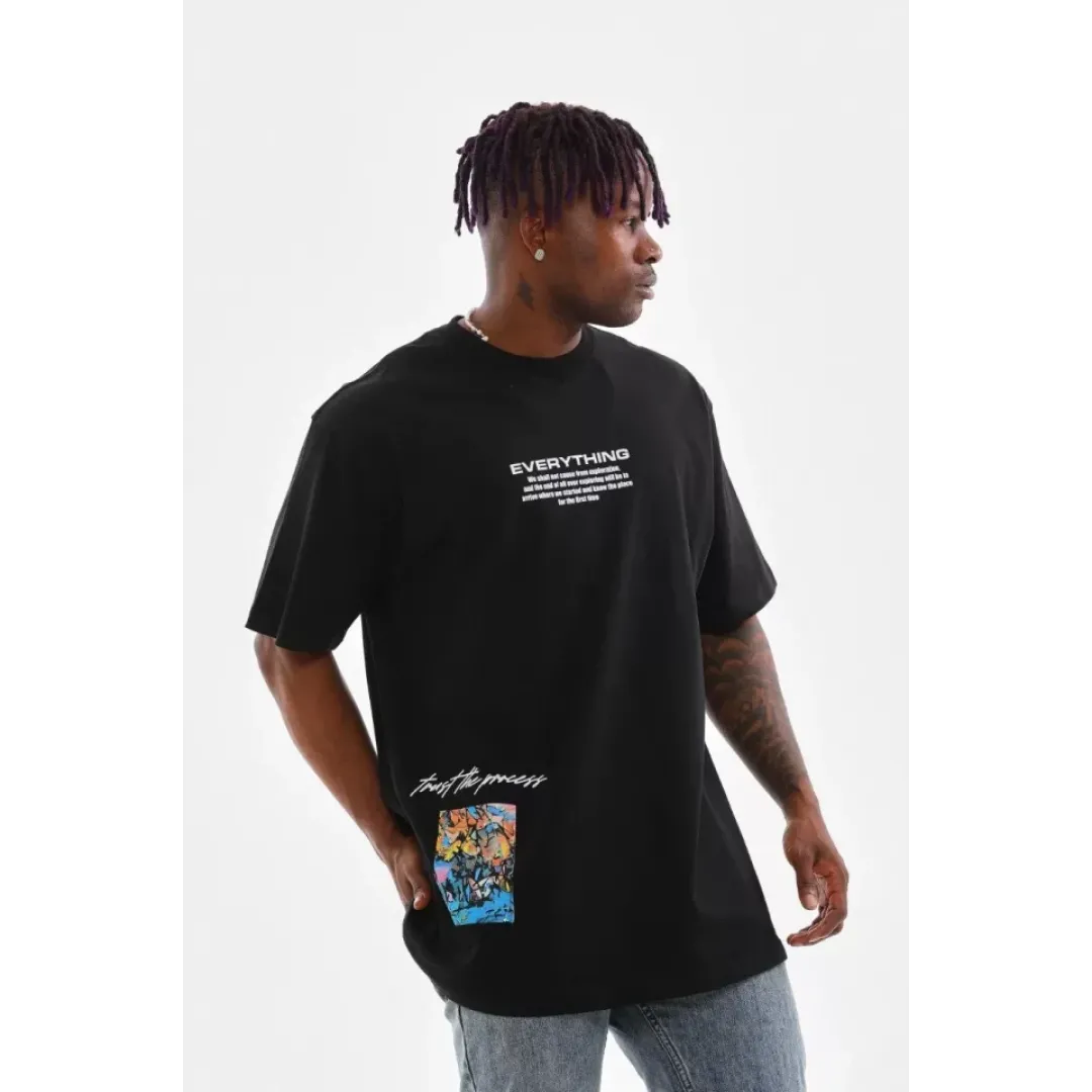 Unisex Bisiklet Yaka Baskılı Oversize T-Shirt - Siyah - 103372