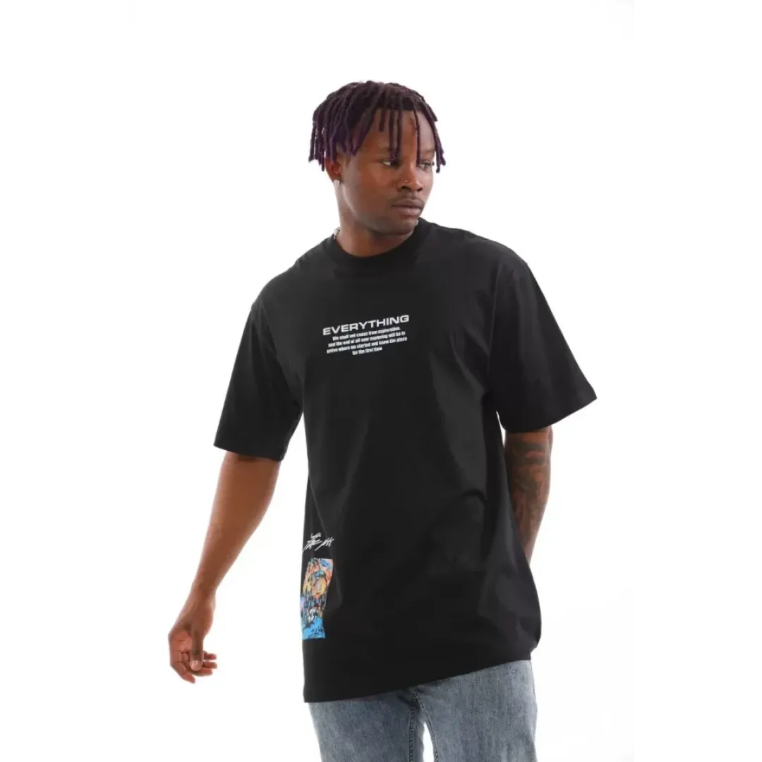 Unisex Bisiklet Yaka Baskılı Oversize T-Shirt - Siyah - 103372