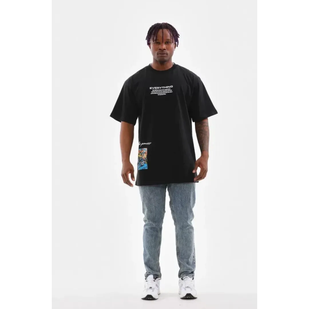 Unisex Bisiklet Yaka Baskılı Oversize T-Shirt - Siyah - 103372