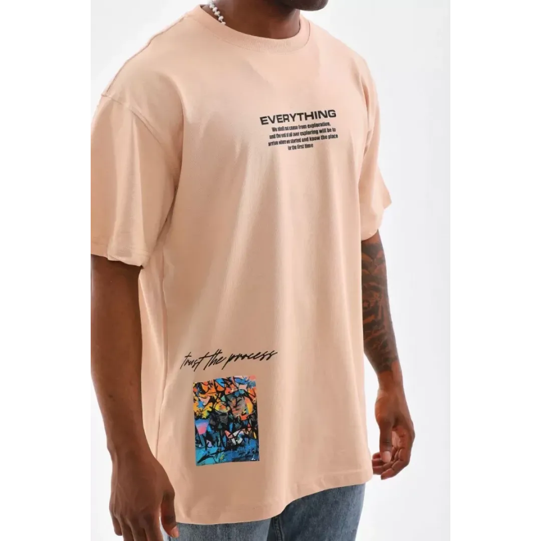 Unisex Bisiklet Yaka Baskılı Oversize T-Shirt - Bej - 103373 Unisex Bisiklet Yaka Baskılı Oversize T-Shirt - Bej - 103373