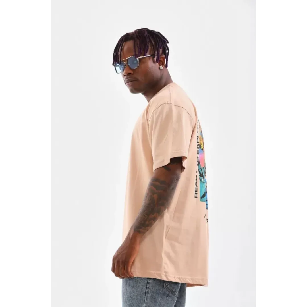 Unisex Bisiklet Yaka Baskılı Oversize T-Shirt - Bej - 103373 Unisex Bisiklet Yaka Baskılı Oversize T-Shirt - Bej - 103373