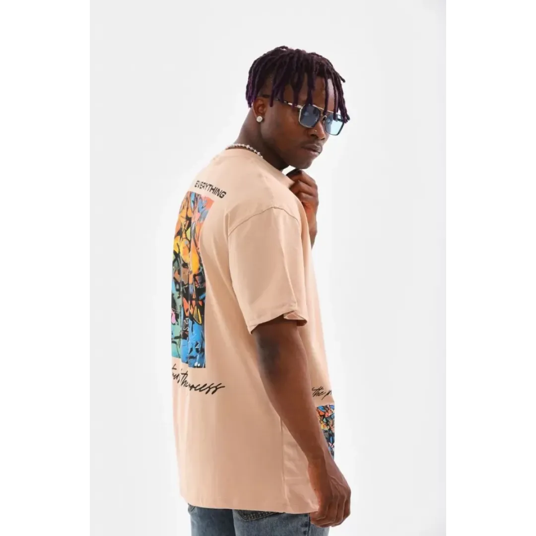 Unisex Bisiklet Yaka Baskılı Oversize T-Shirt - Bej - 103373 Unisex Bisiklet Yaka Baskılı Oversize T-Shirt - Bej - 103373