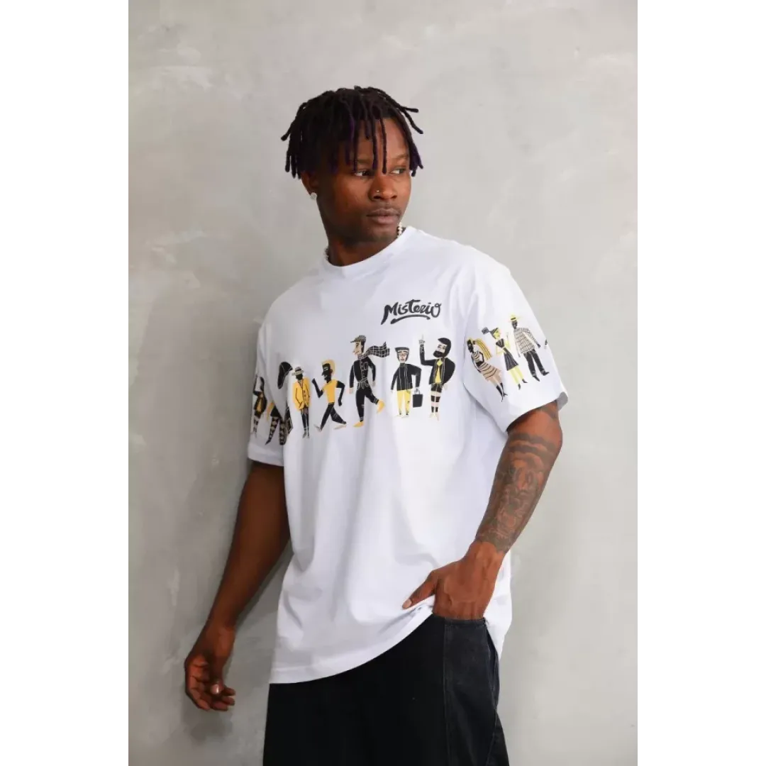 Unisex Bisiklet Yaka Baskılı Oversize T-Shirt - Beyaz - 103374