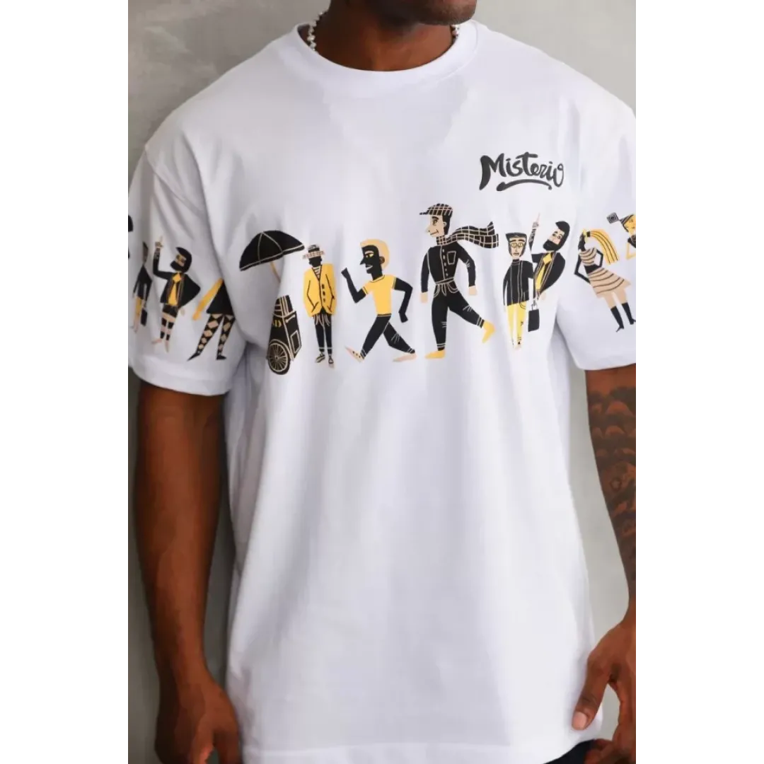 Unisex Bisiklet Yaka Baskılı Oversize T-Shirt - Beyaz - 103374
