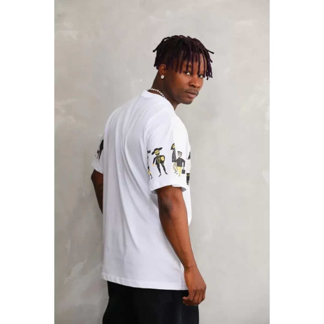 Unisex Bisiklet Yaka Baskılı Oversize T-Shirt - Beyaz - 103374