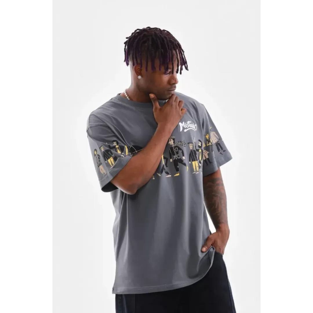 Unisex Bisiklet Yaka Baskılı Oversize T-Shirt - Gri - 103375 Unisex Bisiklet Yaka Baskılı Oversize T-Shirt - Gri - 103375