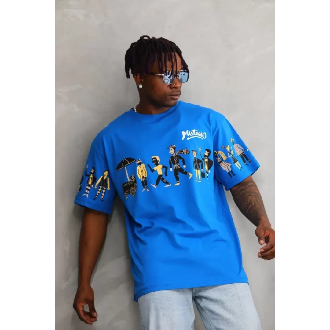 Unisex Bisiklet Yaka Baskılı Oversize T-Shirt - Mavi - 103376 Unisex Bisiklet Yaka Baskılı Oversize T-Shirt - Mavi - 103376