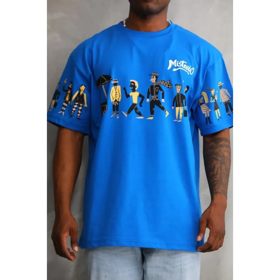 Unisex Bisiklet Yaka Baskılı Oversize T-Shirt - Mavi - 103376 Unisex Bisiklet Yaka Baskılı Oversize T-Shirt - Mavi - 103376