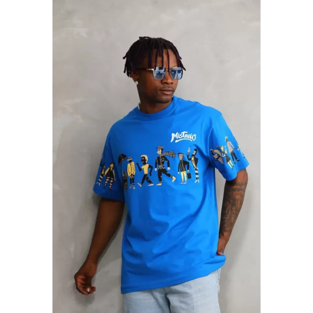 Unisex Bisiklet Yaka Baskılı Oversize T-Shirt - Mavi - 103376 Unisex Bisiklet Yaka Baskılı Oversize T-Shirt - Mavi - 103376