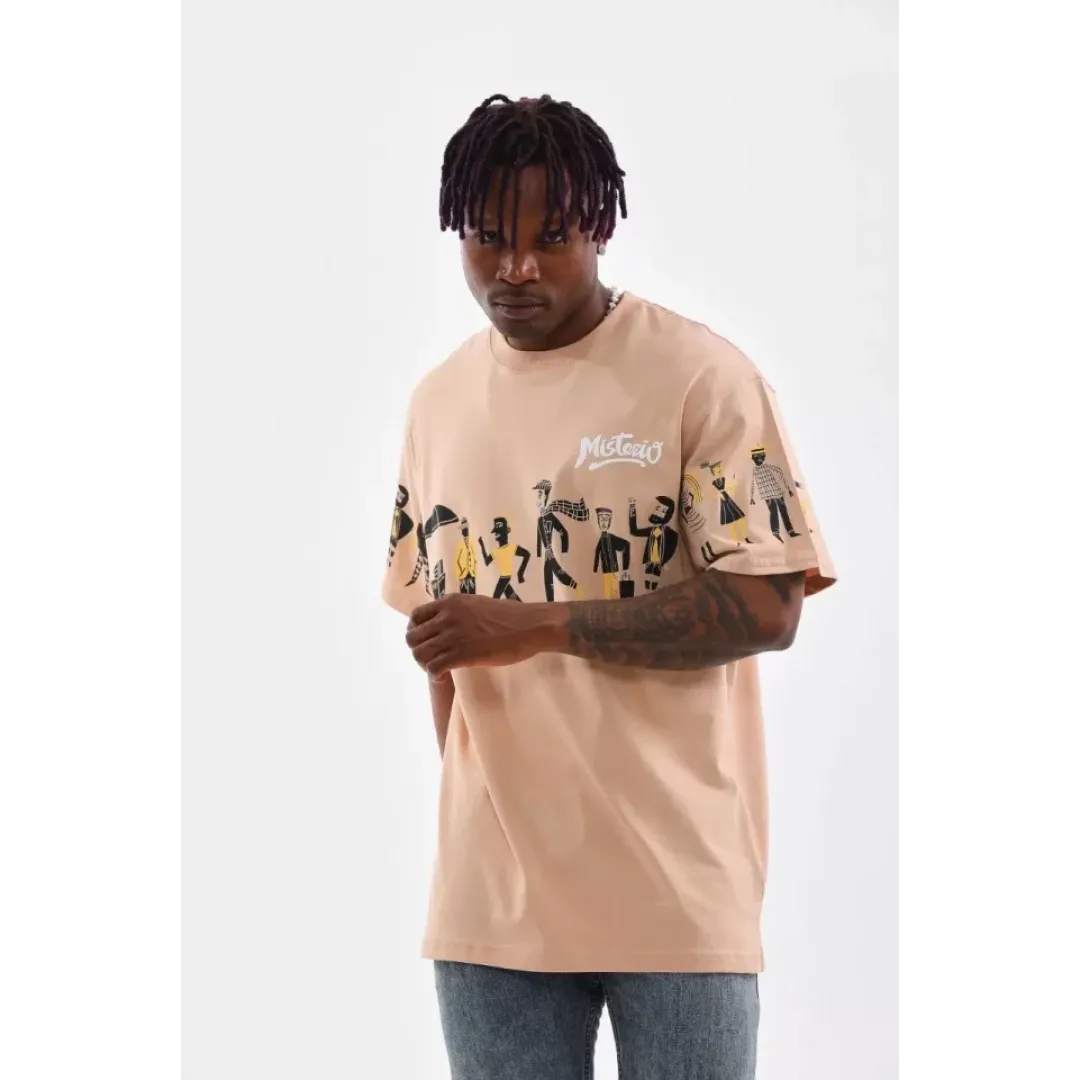 Unisex Bisiklet Yaka Baskılı Oversize T-Shirt - Bej - 103378 Unisex Bisiklet Yaka Baskılı Oversize T-Shirt - Bej - 103378