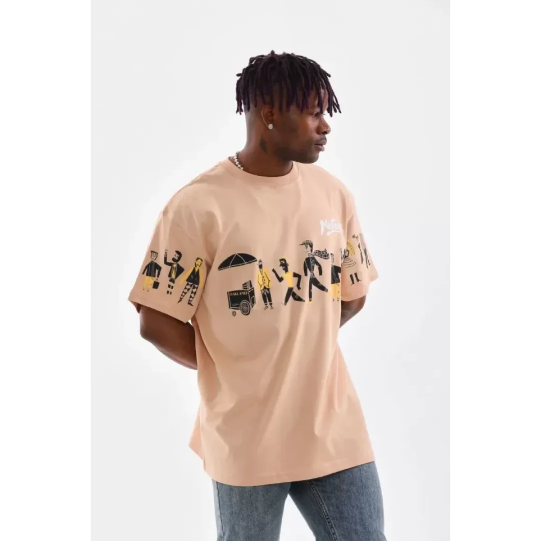 Unisex Bisiklet Yaka Baskılı Oversize T-Shirt - Bej - 103378 Unisex Bisiklet Yaka Baskılı Oversize T-Shirt - Bej - 103378