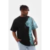 Unisex Bisiklet Yaka Baskılı Oversize T-Shirt - Siyah - 103382