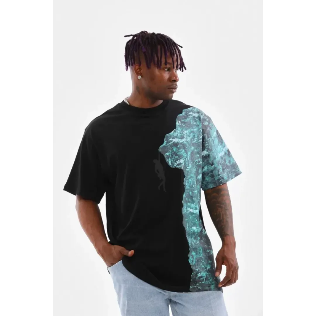 Unisex Bisiklet Yaka Baskılı Oversize T-Shirt - Siyah - 103382