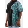 Unisex Bisiklet Yaka Baskılı Oversize T-Shirt - Siyah - 103382