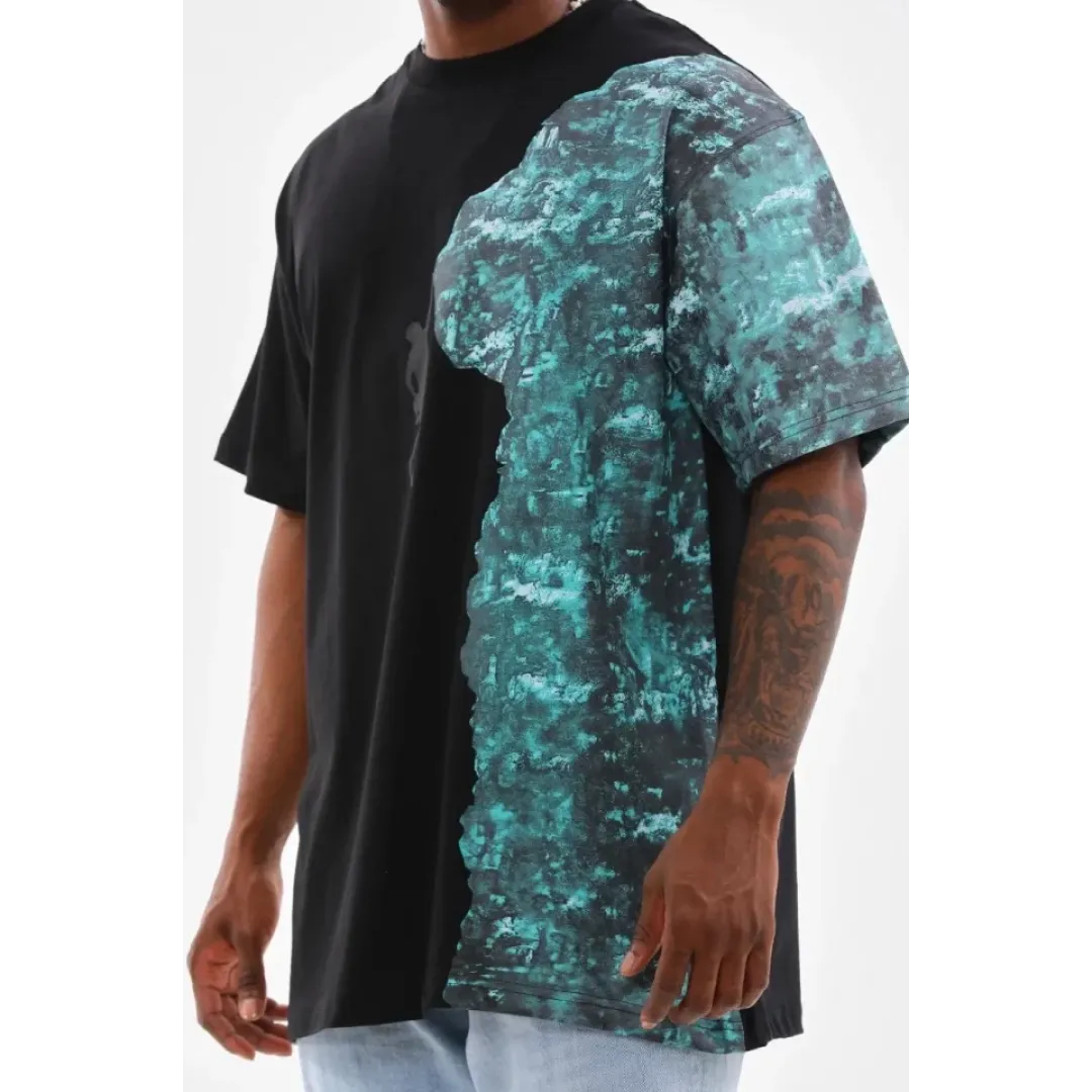 Unisex Bisiklet Yaka Baskılı Oversize T-Shirt - Siyah - 103382