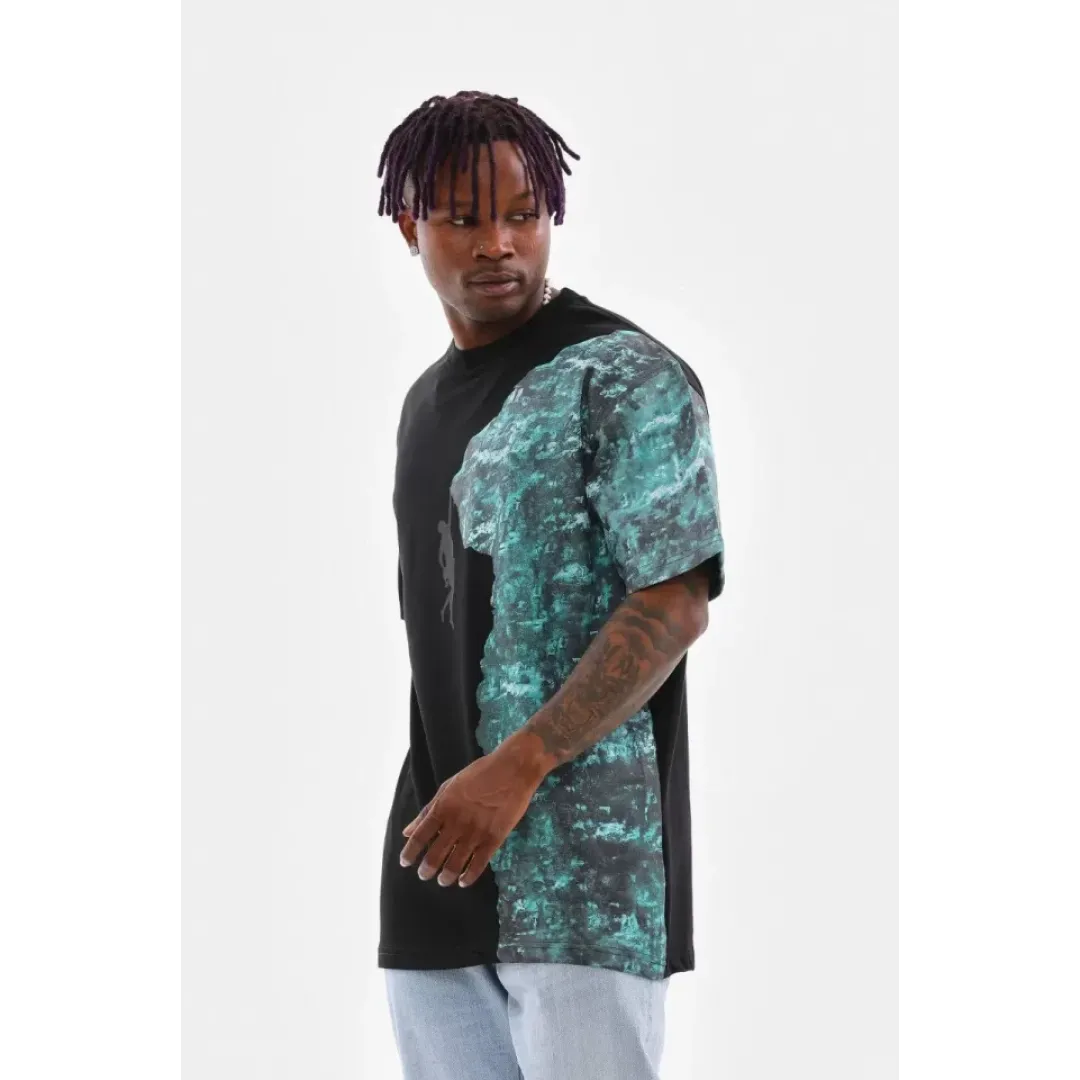Unisex Bisiklet Yaka Baskılı Oversize T-Shirt - Siyah - 103382
