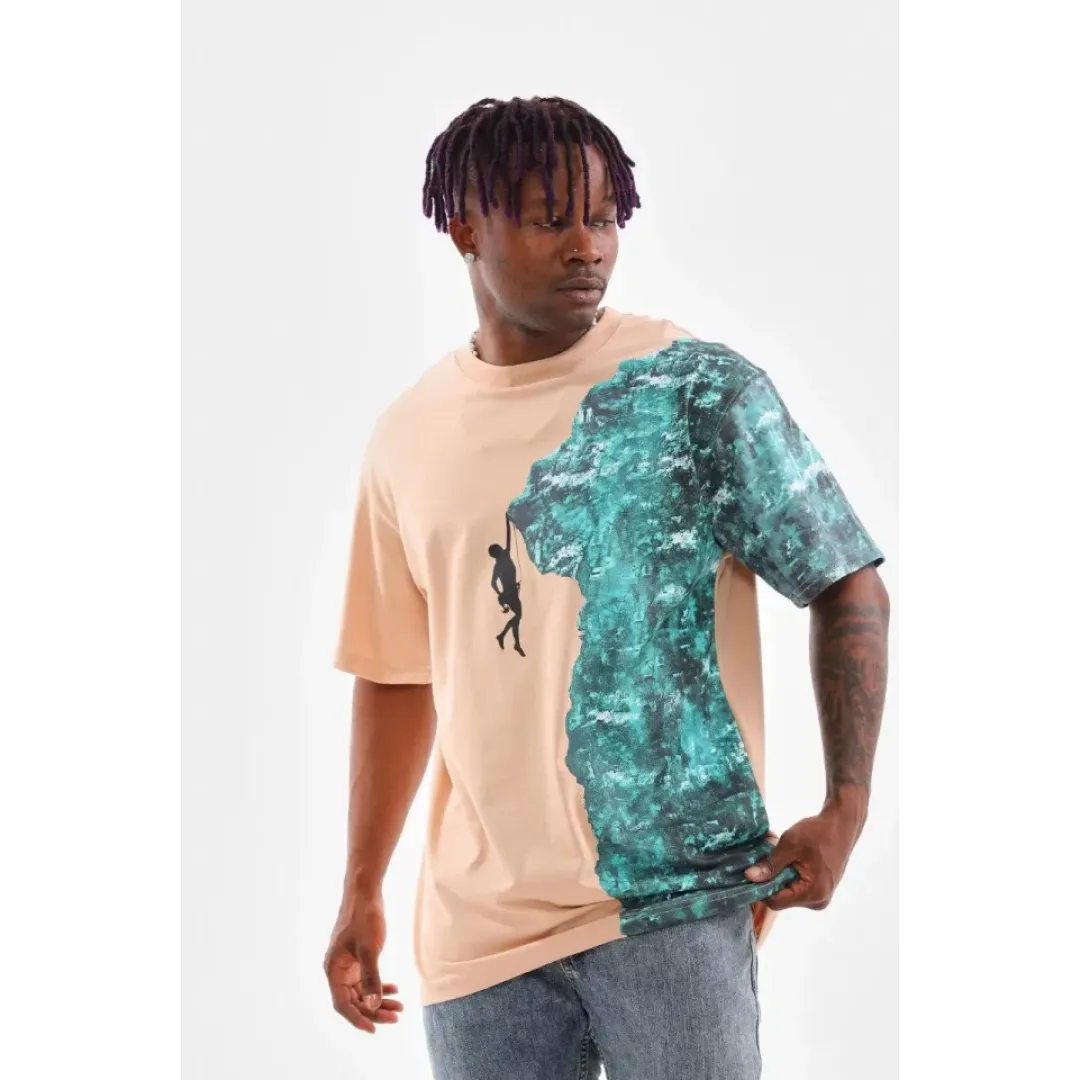 Unisex Bisiklet Yaka Baskılı Oversize T-Shirt - Bej - 103383 Unisex Bisiklet Yaka Baskılı Oversize T-Shirt - Bej - 103383