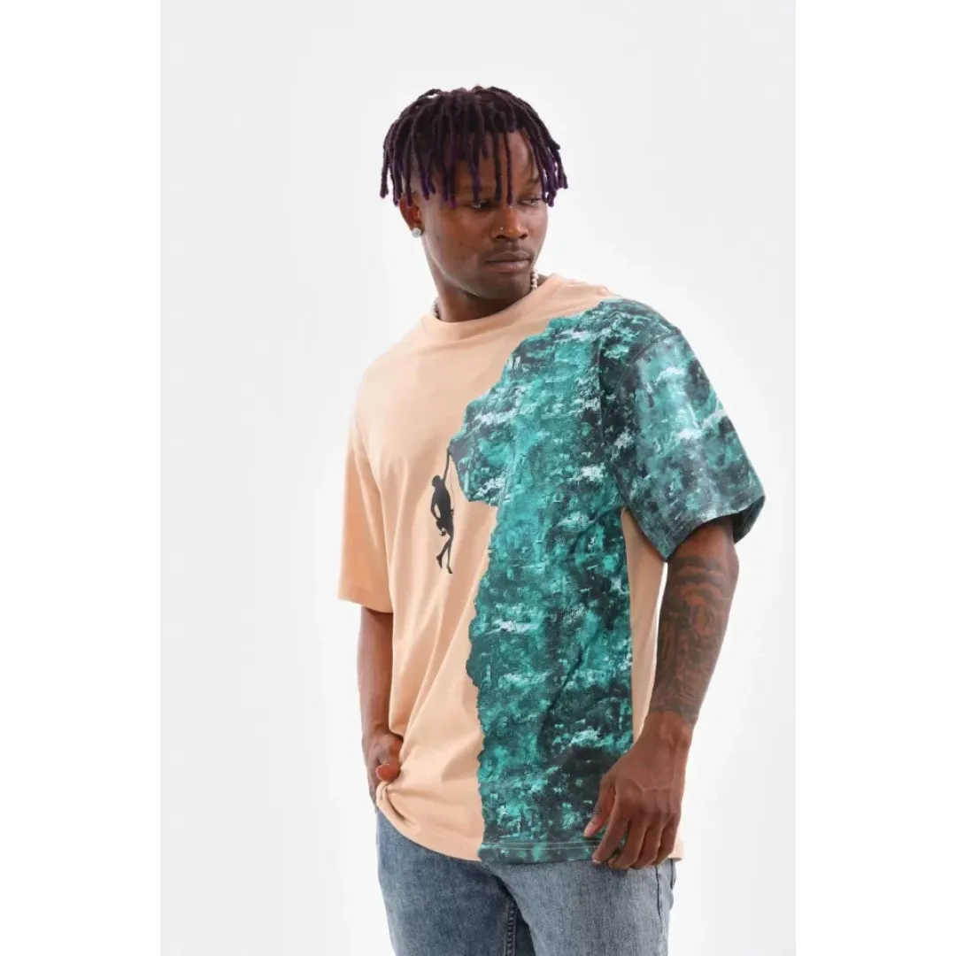 Unisex Bisiklet Yaka Baskılı Oversize T-Shirt - Bej - 103383 Unisex Bisiklet Yaka Baskılı Oversize T-Shirt - Bej - 103383