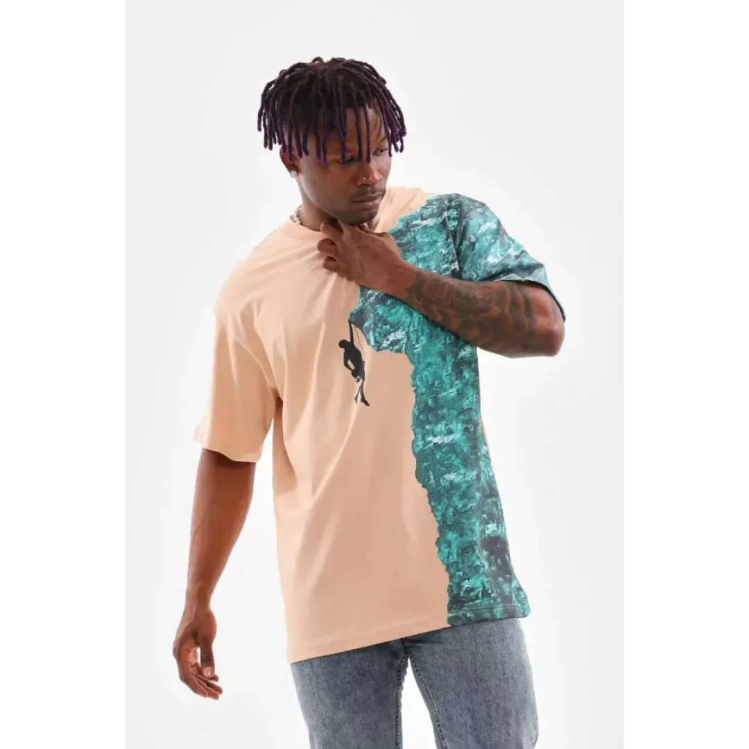 Unisex Bisiklet Yaka Baskılı Oversize T-Shirt - Bej - 103383 Unisex Bisiklet Yaka Baskılı Oversize T-Shirt - Bej - 103383