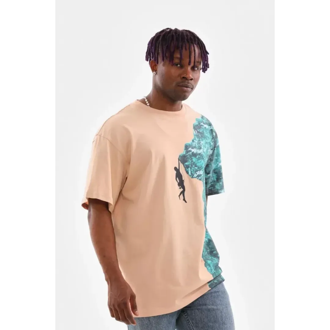 Unisex Bisiklet Yaka Baskılı Oversize T-Shirt - Bej - 103383 Unisex Bisiklet Yaka Baskılı Oversize T-Shirt - Bej - 103383