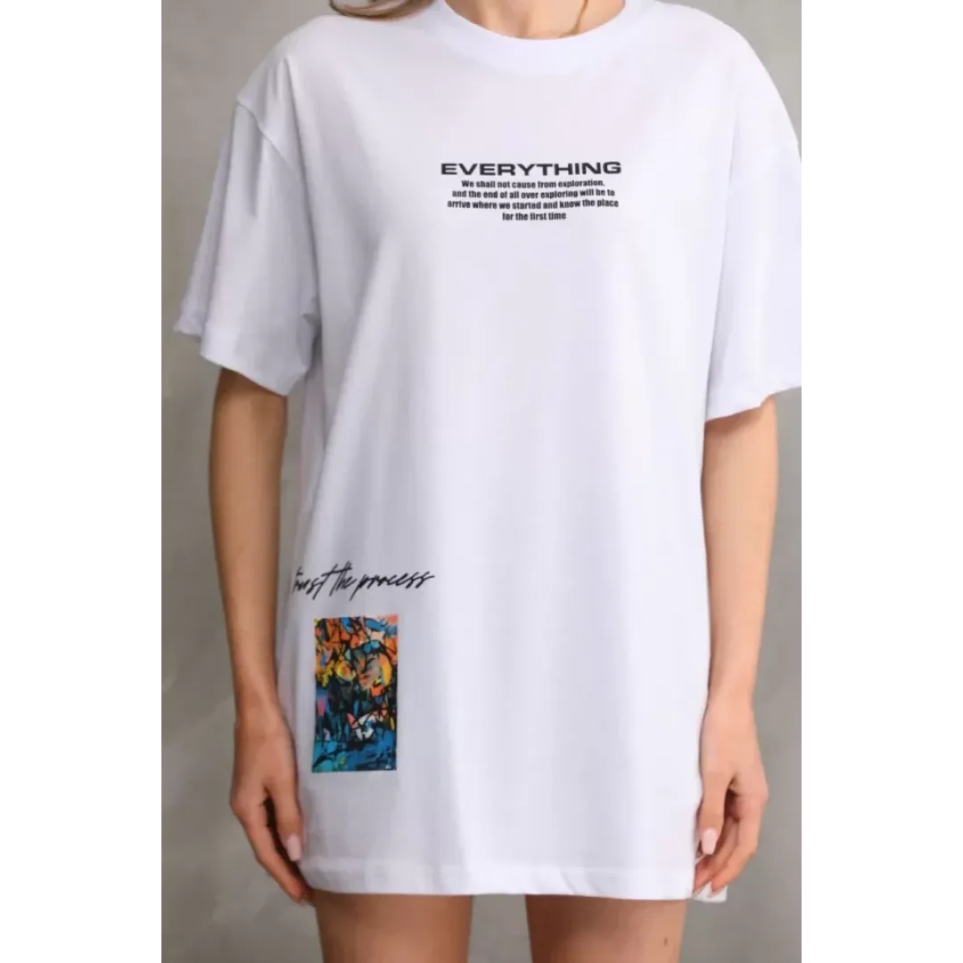 Unisex Bisiklet Yaka Baskılı Oversize T-Shirt - Beyaz - 103397 Unisex Bisiklet Yaka Baskılı Oversize T-Shirt - Beyaz - 103397