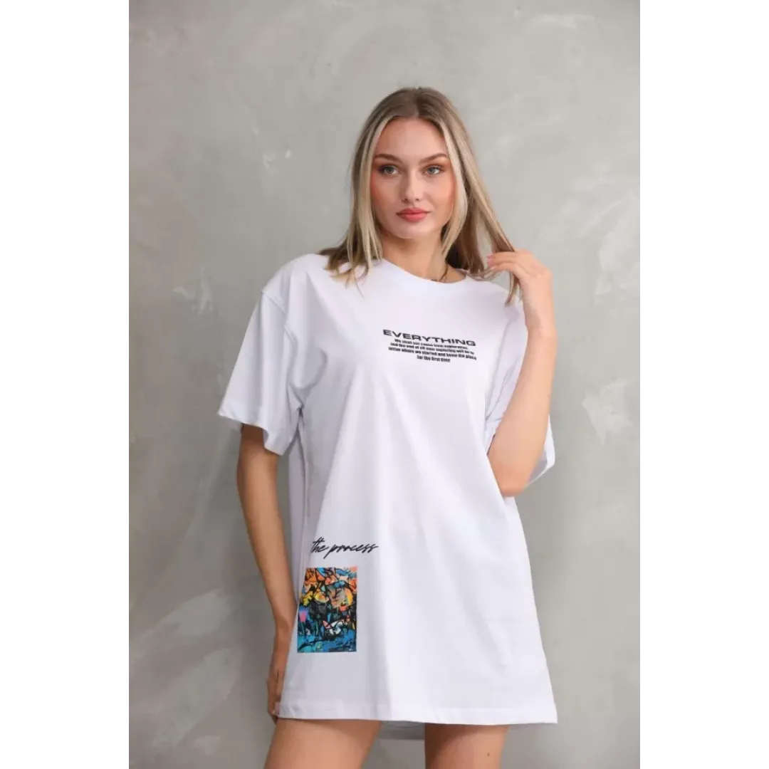 Unisex Bisiklet Yaka Baskılı Oversize T-Shirt - Beyaz - 103397 Unisex Bisiklet Yaka Baskılı Oversize T-Shirt - Beyaz - 103397
