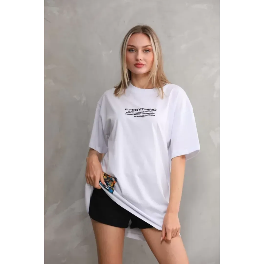 Unisex Bisiklet Yaka Baskılı Oversize T-Shirt - Beyaz - 103397 Unisex Bisiklet Yaka Baskılı Oversize T-Shirt - Beyaz - 103397