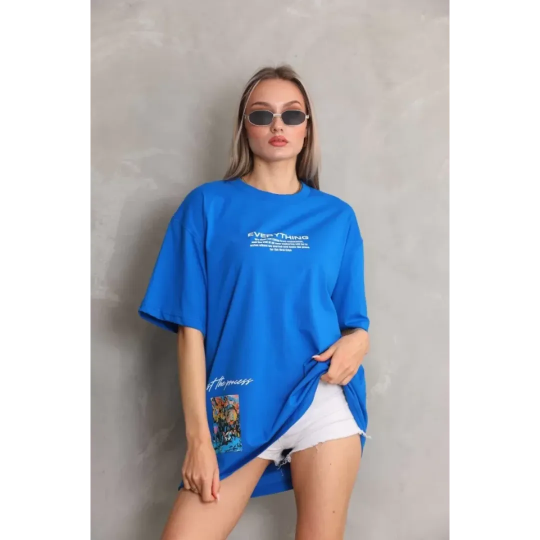 Unisex Bisiklet Yaka Baskılı Oversize T-Shirt - Mavi - 103398 Unisex Bisiklet Yaka Baskılı Oversize T-Shirt - Mavi - 103398