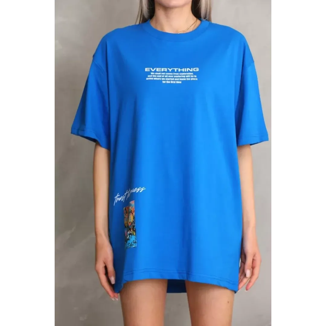 Unisex Bisiklet Yaka Baskılı Oversize T-Shirt - Mavi - 103398 Unisex Bisiklet Yaka Baskılı Oversize T-Shirt - Mavi - 103398