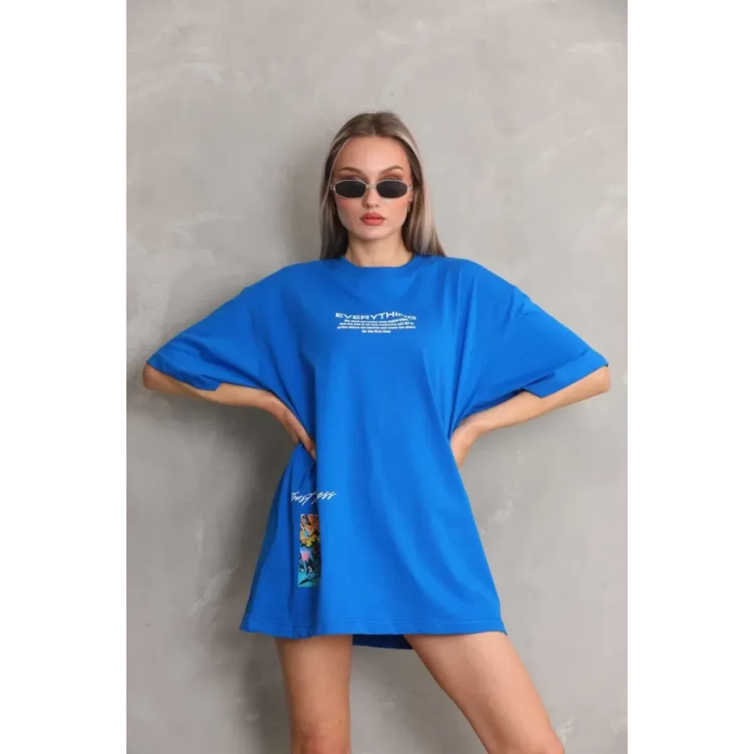 Unisex Bisiklet Yaka Baskılı Oversize T-Shirt - Mavi - 103398 Unisex Bisiklet Yaka Baskılı Oversize T-Shirt - Mavi - 103398