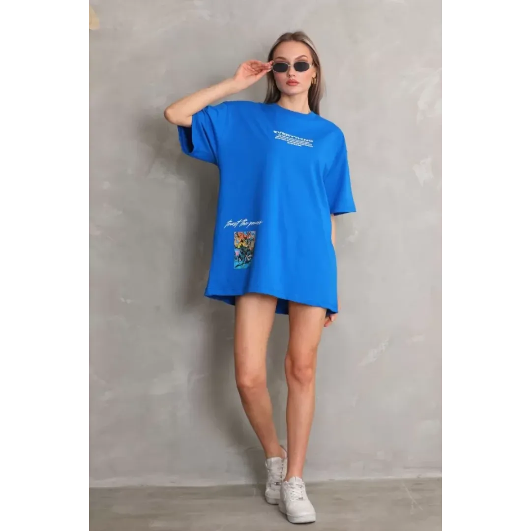 Unisex Bisiklet Yaka Baskılı Oversize T-Shirt - Mavi - 103398 Unisex Bisiklet Yaka Baskılı Oversize T-Shirt - Mavi - 103398
