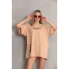 Unisex Bisiklet Yaka Baskılı Oversize T-Shirt - Bej - 103399 Unisex Bisiklet Yaka Baskılı Oversize T-Shirt - Bej - 103399