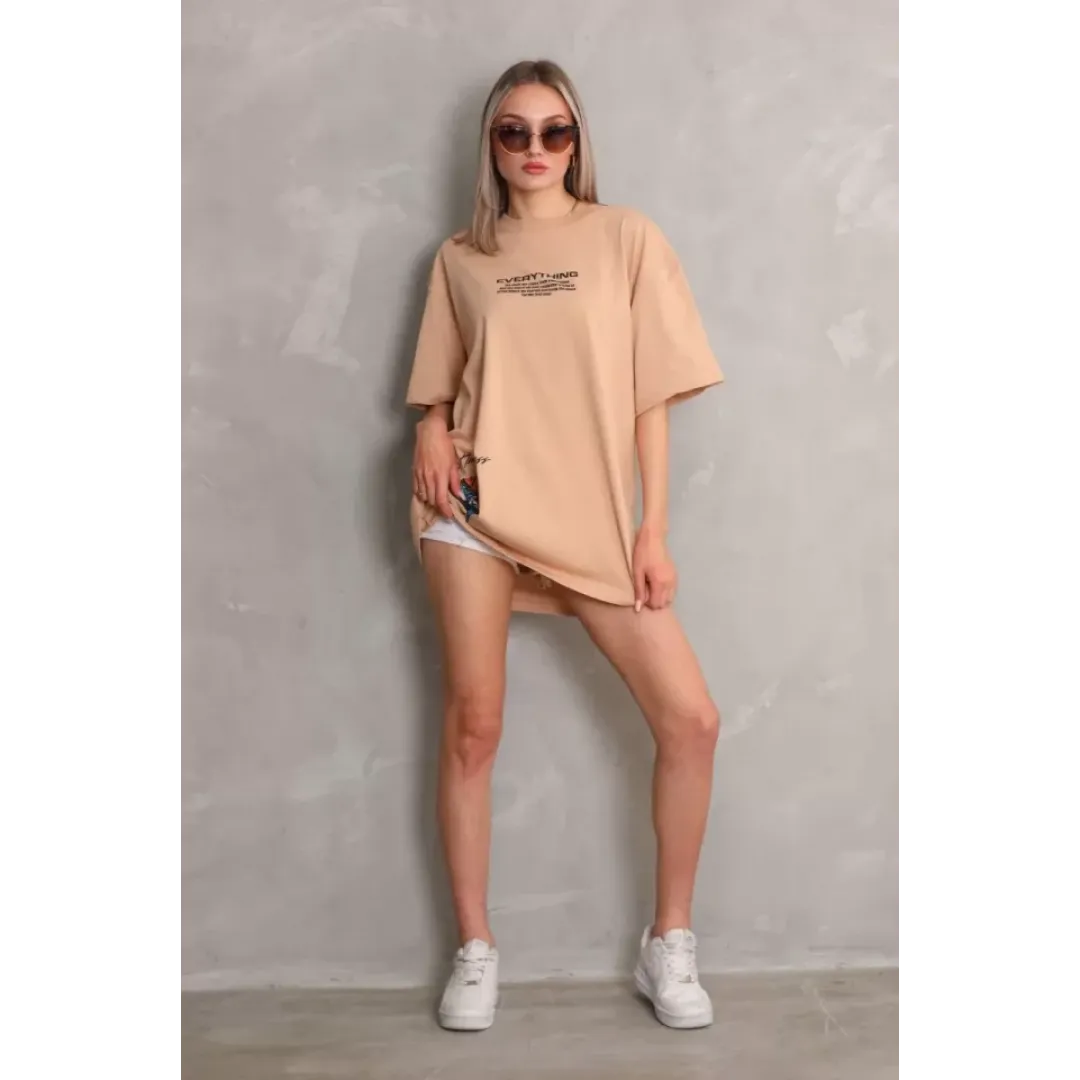 Unisex Bisiklet Yaka Baskılı Oversize T-Shirt - Bej - 103399 Unisex Bisiklet Yaka Baskılı Oversize T-Shirt - Bej - 103399