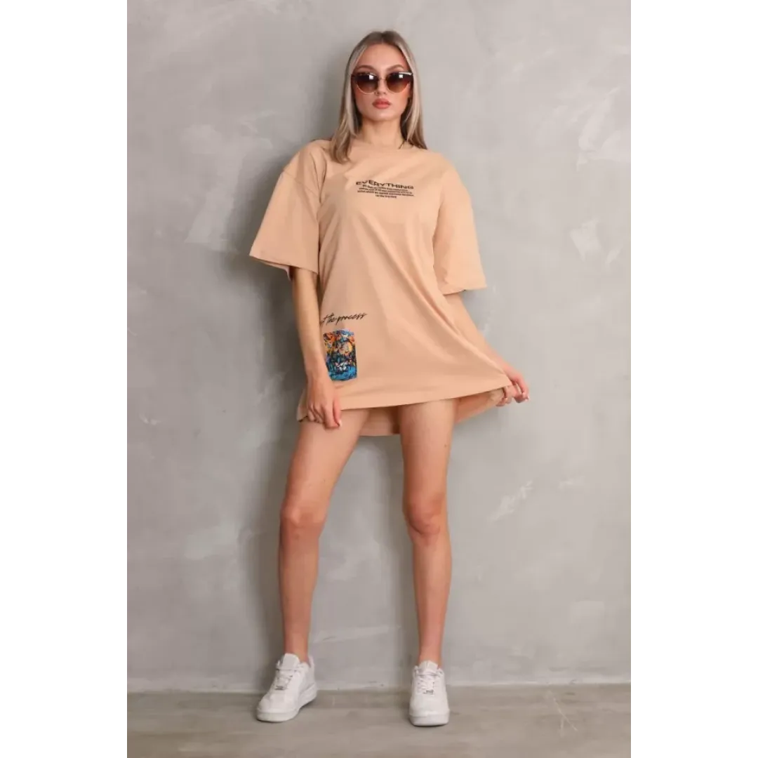 Unisex Bisiklet Yaka Baskılı Oversize T-Shirt - Bej - 103399 Unisex Bisiklet Yaka Baskılı Oversize T-Shirt - Bej - 103399