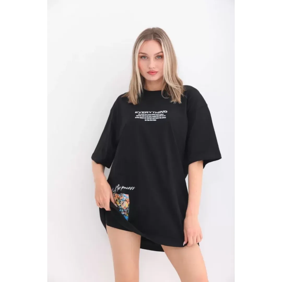 Unisex Bisiklet Yaka Baskılı Oversize T-Shirt - Siyah - 103400 Unisex Bisiklet Yaka Baskılı Oversize T-Shirt - Siyah - 103400