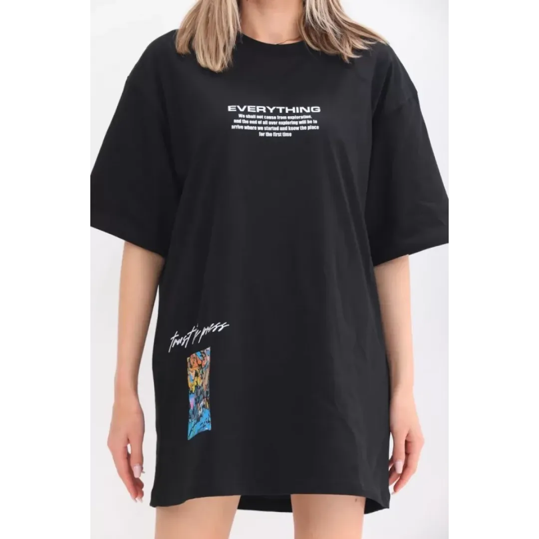 Unisex Bisiklet Yaka Baskılı Oversize T-Shirt - Siyah - 103400 Unisex Bisiklet Yaka Baskılı Oversize T-Shirt - Siyah - 103400