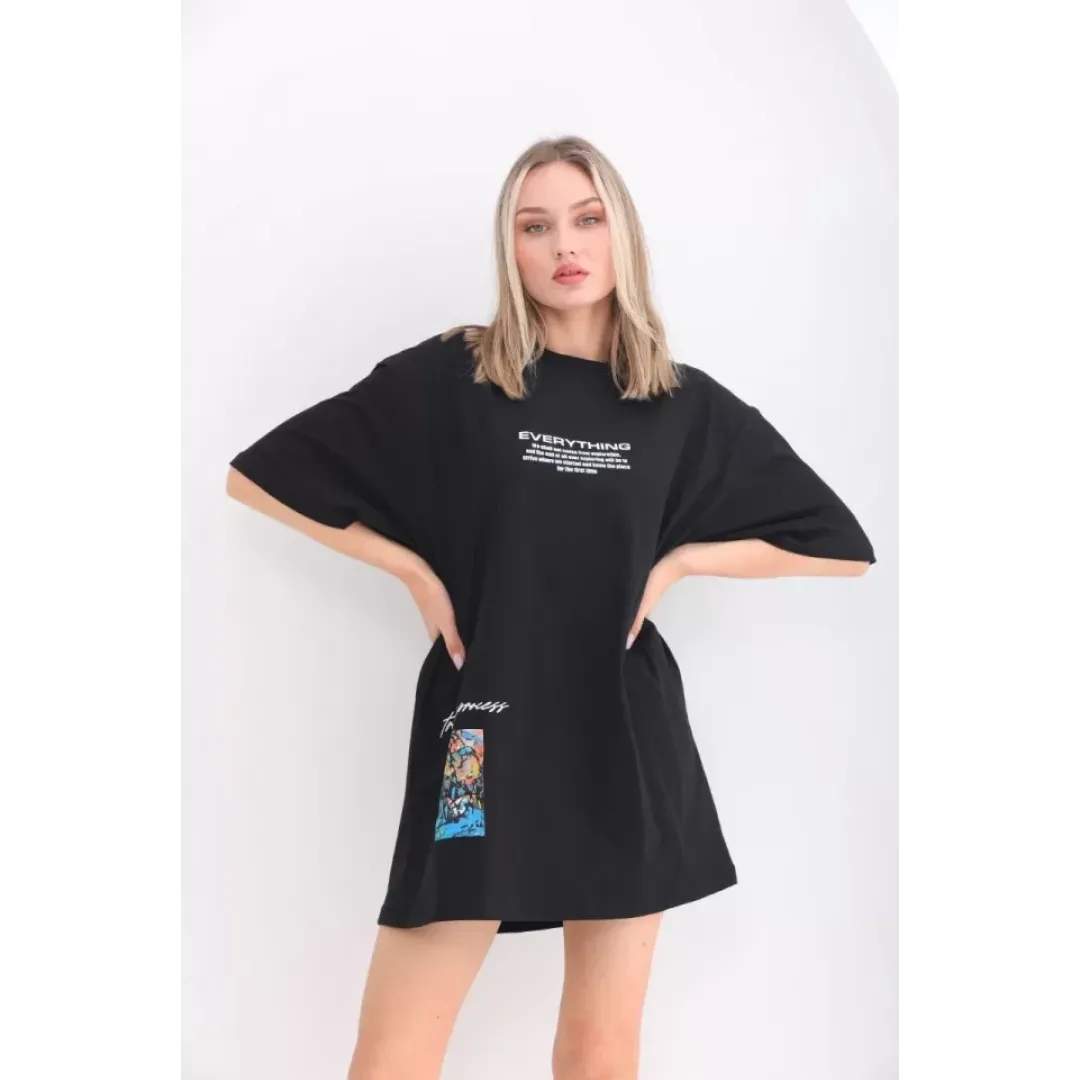 Unisex Bisiklet Yaka Baskılı Oversize T-Shirt - Siyah - 103400 Unisex Bisiklet Yaka Baskılı Oversize T-Shirt - Siyah - 103400