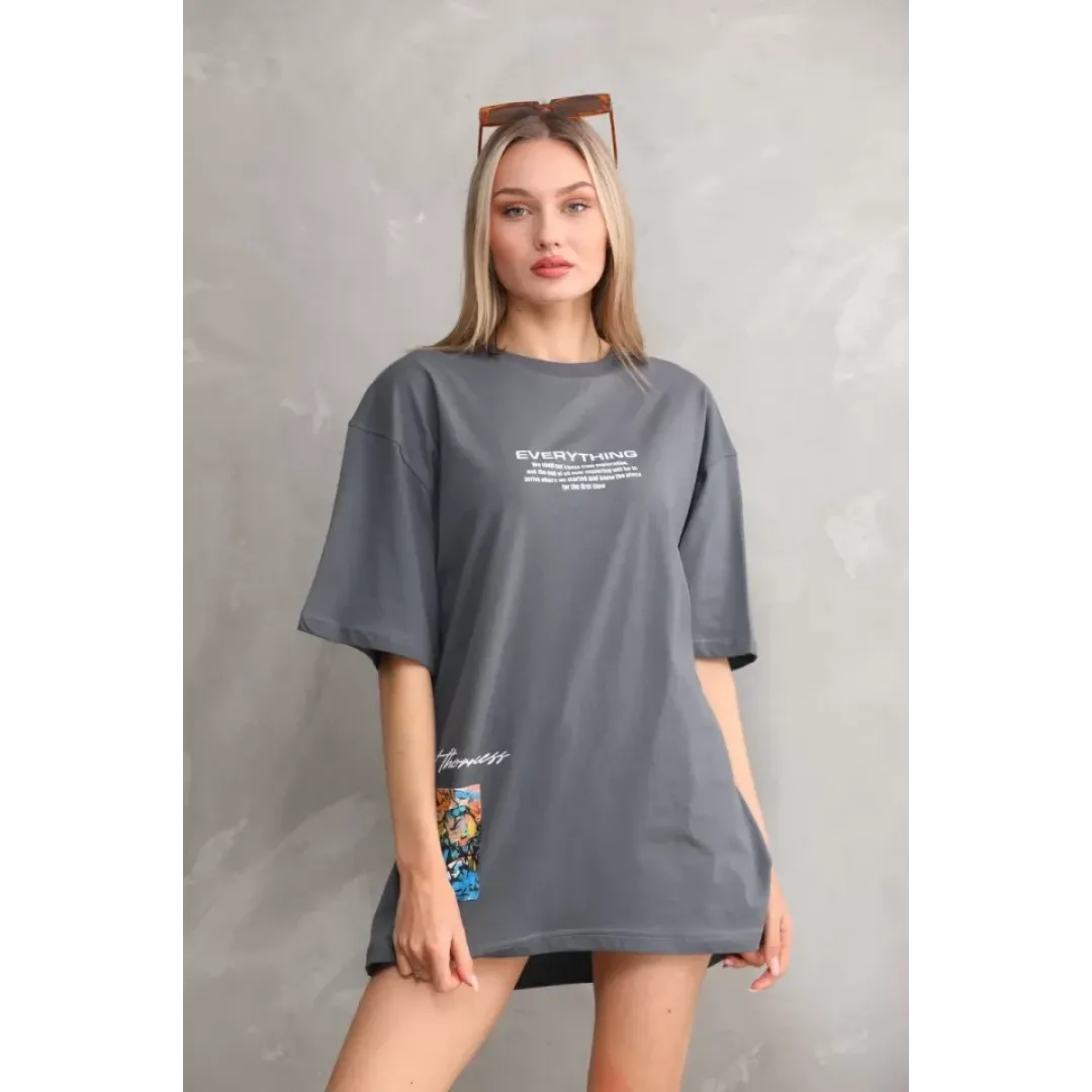 Unisex Bisiklet Yaka Baskılı Oversize T-Shirt - Gri - 103401 Unisex Bisiklet Yaka Baskılı Oversize T-Shirt - Gri - 103401